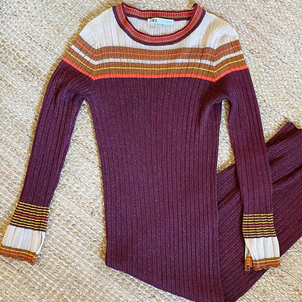 ZARA Long Sleeve Knit Fitted Midi Dress Large